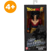 Action figure goku super saiyan 4 di dragon ball super in outfit rosso e oro con capelli neri in confezione bandai