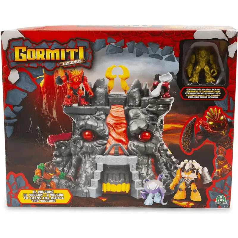 Gormiti playset vulcano con struttura a vulcano grigia e rossa, flusso di lava centrale e tantissimi accessori personaggi