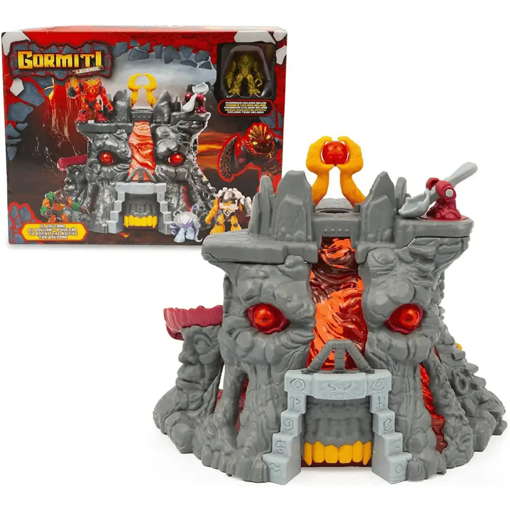Playset vulcano gormiti con colori grigio e arancione e occhi rossi luminosi con tantissimi accessori lava-themed