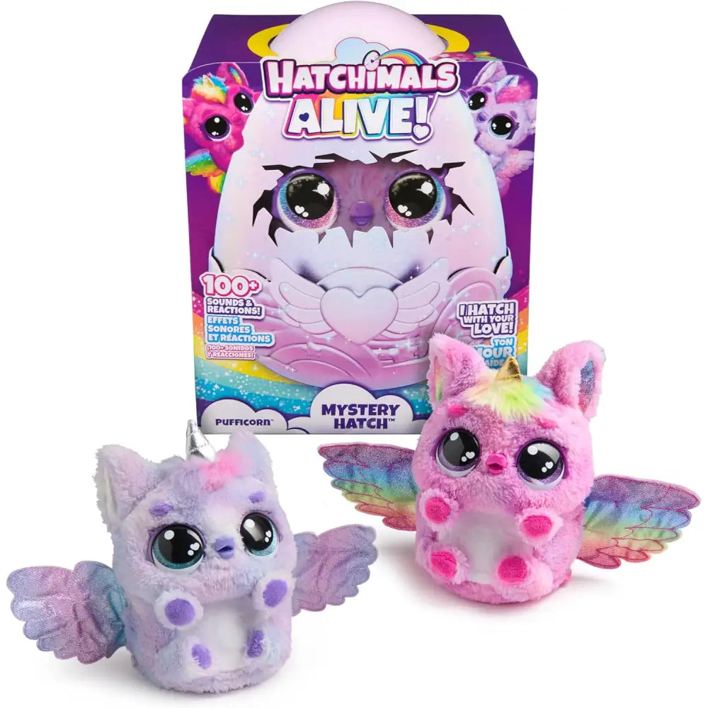 Hatchimals alive uovo mystery hatch pufficorn peluche rosa e viola con ali arcobaleno e corno unicorno