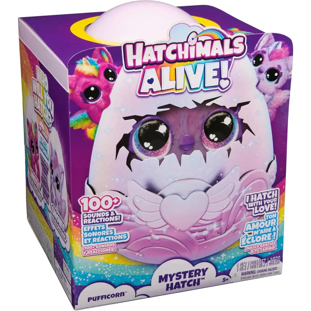 Hatchimals alive uovo mystery hatch con pufficorn rosa e viola con occhi glitterati ali e petto a forma di cuore