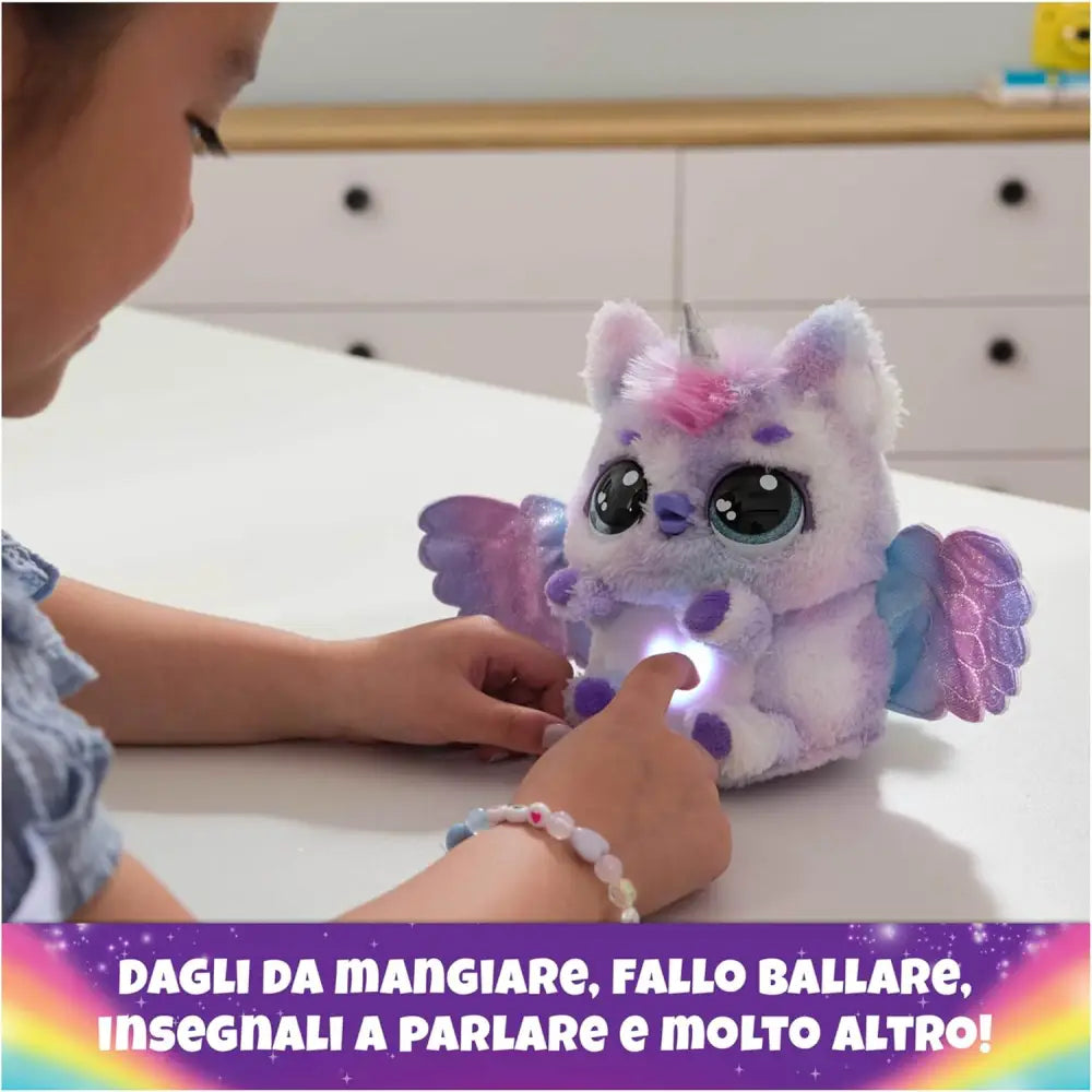 Plush unicorn toy with purple white fur iridescent wings pink horn and blue eyes from hatchimals alive uovo mystery hatch