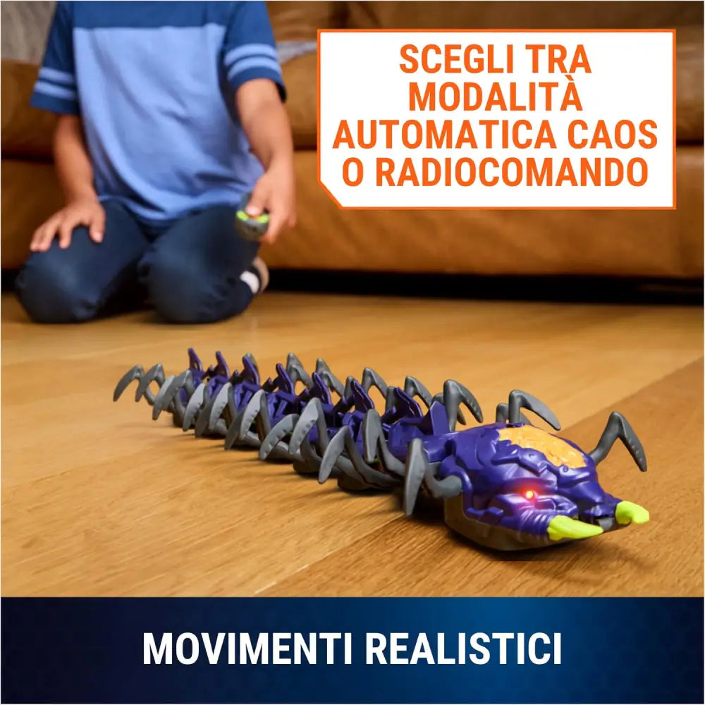 Robot centopiedro telecomandato hex bots viola e grigio con occhi rossi luminosi e artigli verdi