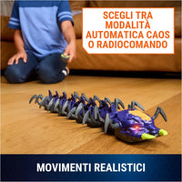 Robot centopiedro telecomandato hex bots viola e grigio con occhi rossi luminosi e artigli verdi