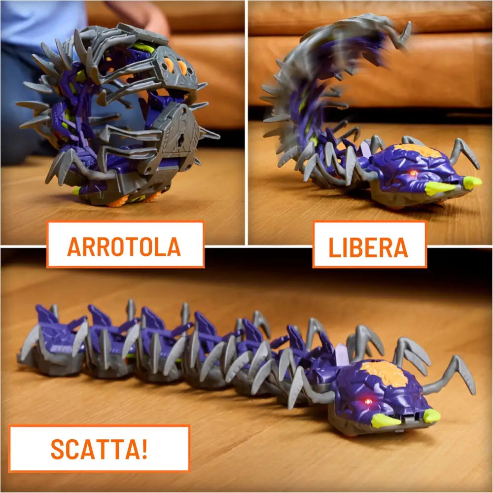 Giocattolo hex bots centipede telecomandato viola e grigio con occhi rossi luminosi e design meccanico trasformabile