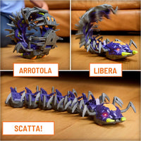 Giocattolo hex bots centipede telecomandato viola e grigio con occhi rossi luminosi e design meccanico trasformabile