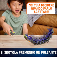 Giocattolo esapodi telecomandato viola e grigio con segmenti verdi che si avvolge e si svolge premendo un pulsante