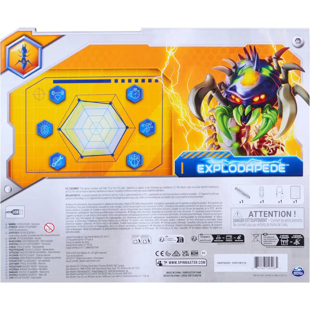 Retro della confezione colorata arancione e gialla del giocattolo explodapede hex bots centipede telecomandato di spin master