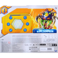 Retro della confezione colorata arancione e gialla del giocattolo explodapede hex bots centipede telecomandato di spin master