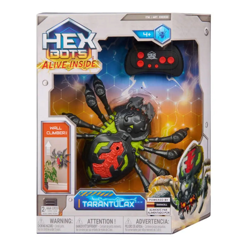 Ragno robot nero e verde neon con dettagli rossi modello tarantulax della linea hex bots alive inside con telecomando