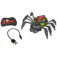 Hex bots ragno che si arrampica nero e verde neon con occhi rossi, telecomando e cavo di ricarica usb