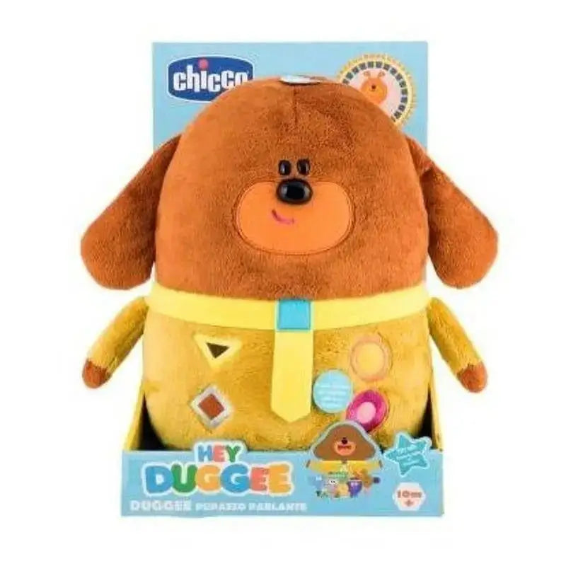 Hey duggee peluche parlante cane marrone di peluche con gilet giallo e forme geometriche colorate chicco