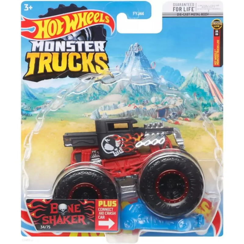 Hot wheels monster trucks bone shaker rosso e nero con decalcomanie fiamme e logo teschio sul lato