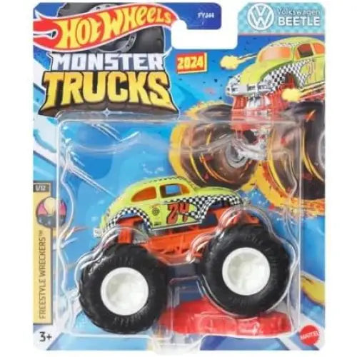 Yellow and orange volkswagen beetle freestyle hot wheels monster truck with black checkered racing stripes