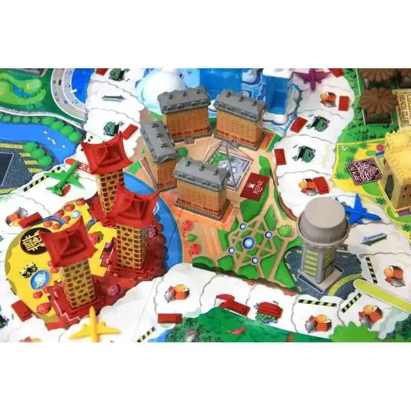 Colorato gioco da tavolo hotel tycoon con edifici rossi e beige, parchi verdi, strade blu e veicoli miniatura nuova versione vero magnate