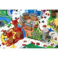 Colorato gioco da tavolo hotel tycoon con edifici rossi e beige, parchi verdi, strade blu e veicoli miniatura nuova versione vero magnate