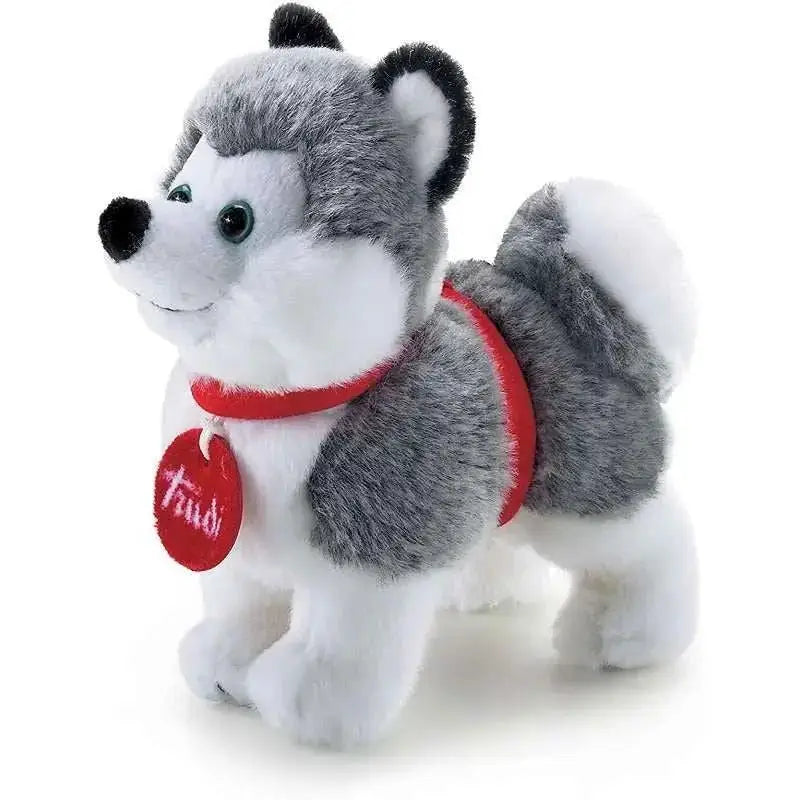 Plush husky trudi trudino con pelliccia grigia e bianca, orecchie nere, collare rosso e materiale morbido imbottito
