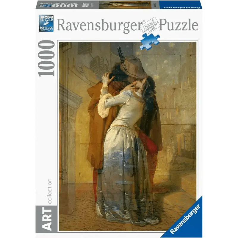 Puzzle ravensburger 1000 pezzi bacio hayez con dipinto romantico ad olio di due figure in abiti storici