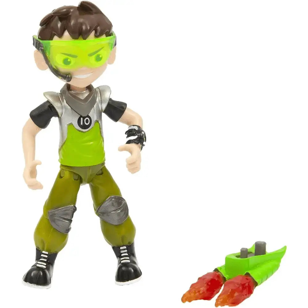 Jet pack ben action figure ben 10 con occhiali verdi, giubbotto argento lime, pantaloni oliva, stivali neri e jet pack abbinato