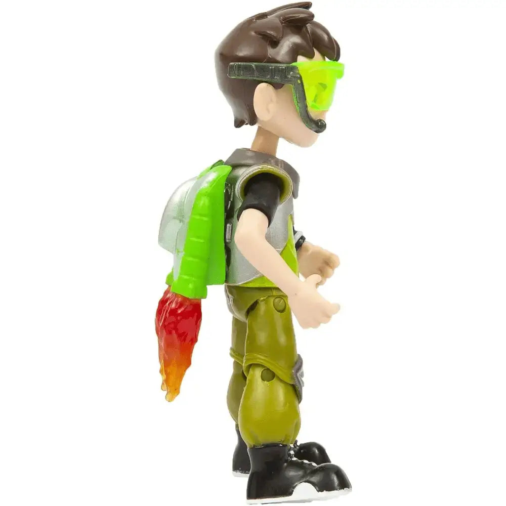 Jet pack ben action figure con capelli castani, occhiali verdi e jet pack lime che emette fiamme rosso arancioni