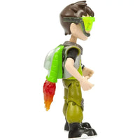 Jet pack ben action figure con capelli castani, occhiali verdi e jet pack lime che emette fiamme rosso arancioni