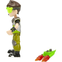 Jet pack ben ben 10 action figure con capelli castani, occhiali verdi, armatura argento e lime, stivali neri e razzo rosso-arancione staccabile