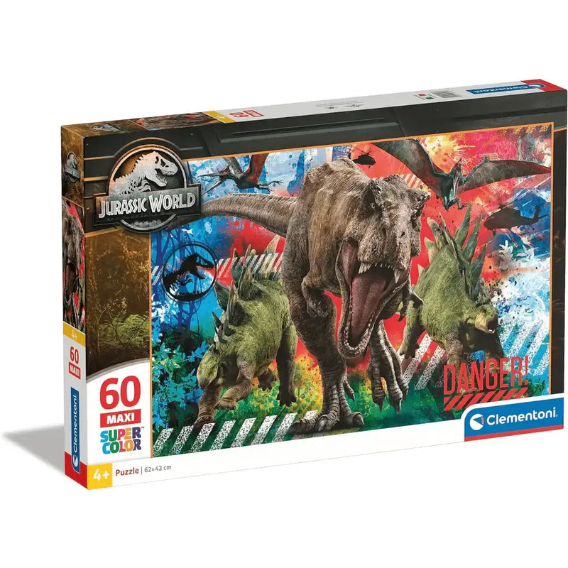 Scatola puzzle maxi jurassic world 60 pezzi con scena dinamica di t rex ruggente per divertimento famigliare