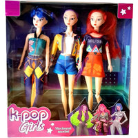 Tre bambole k pop idols set in confezione colorata con capelli vivaci e outfit alla moda rainbow high slime