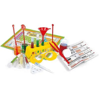 Kit scientifico la mia prima chimica scienza e gioco con portaprovette giallo e provette in vetro con liquido verde