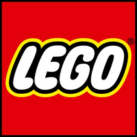 L’iconico logo LEGO, con lettering bianco in grassetto con contorno nero e bordo giallo, su uno sfondo rosso acceso.