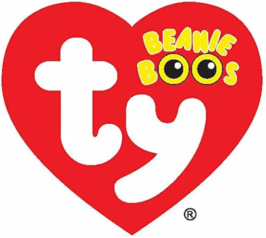 Logo rosso a forma di cuore con lettere bianche "‘ty’" e testo "‘beanie boos’" giallo con occhi neri.