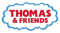 Logo di Thomas & Friends con lettering rosso e un bordo a forma di nuvola blu.