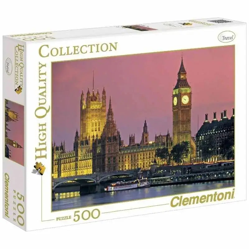 Londra puzzle 500 pezzi con immagine di big ben e parlamento illuminati al tramonto su scatola di cartone bianco