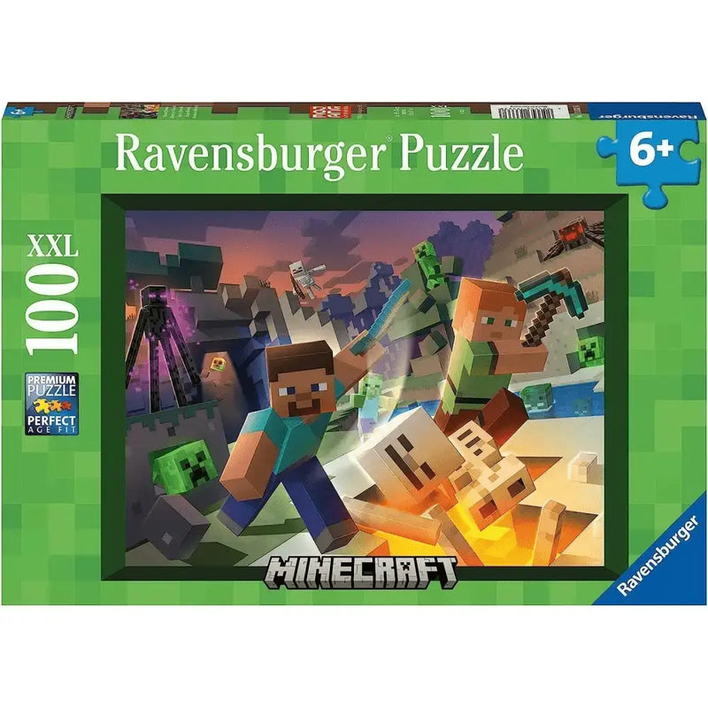 Scatola puzzle minecraft 100 pezzi xxl ravensburger con personaggi pixelati e incastri perfetti in paesaggio colorato