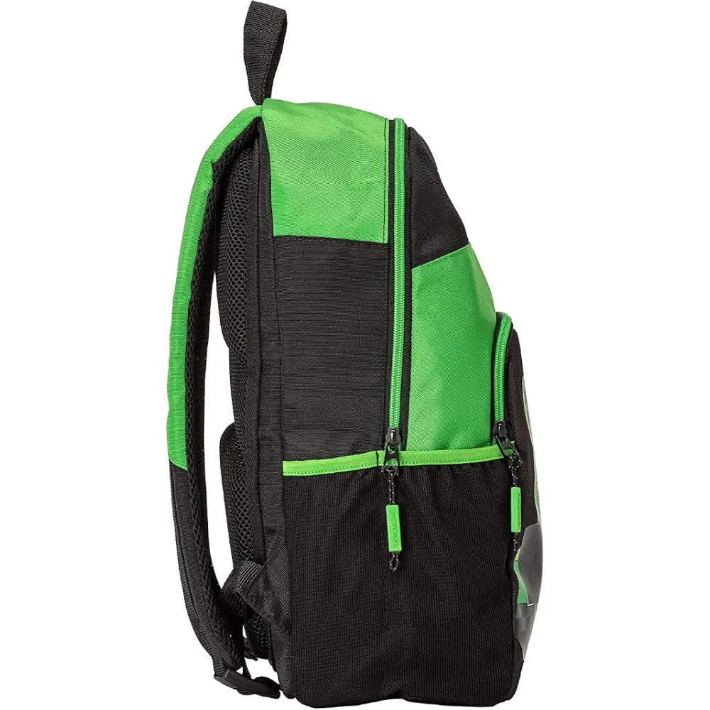 Minecraft zaino verde e nero con pannelli laterali in mesh e cerniere verdi ideale come zaino scuola skifidol italian brainrot