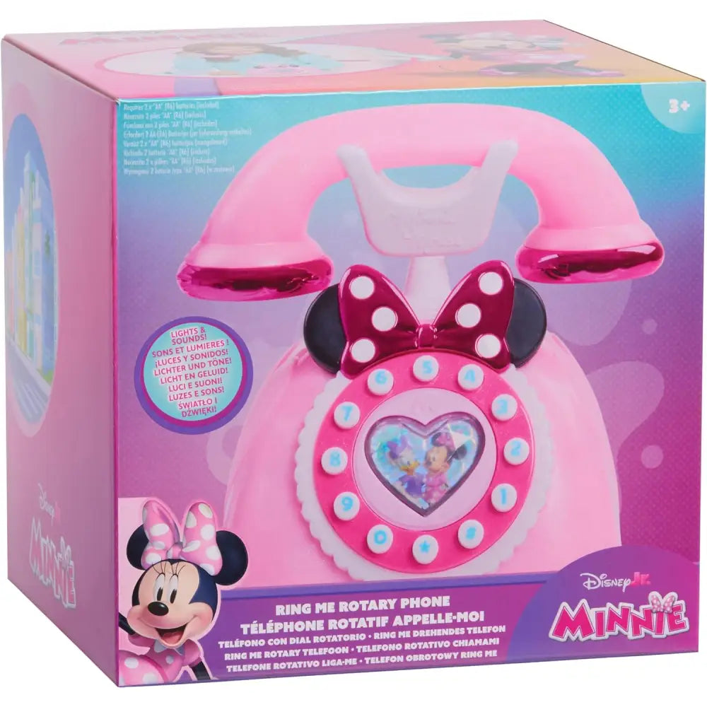 Telefono rotante minnie mouse rosa con finestra a forma di cuore e fiocco a pois bianco mouse telefono rotante