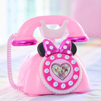 Telefono rotante minnie mouse in plastica rosa con fiocco lucido orecchie nere e finestra a cuore con personaggi disney
