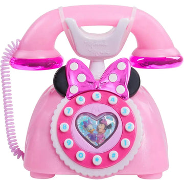 Telefono rotante minnie mouse in plastica rosa con fiocco lucido e finestra a forma di cuore con personaggi disney