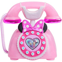 Telefono rotante minnie mouse in plastica rosa con fiocco lucido e finestra a forma di cuore con personaggi disney