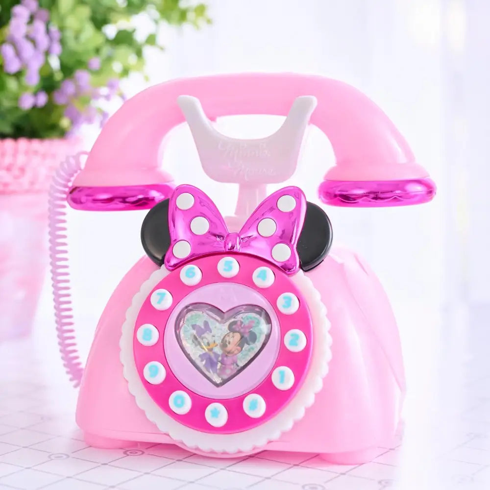 Minnie mouse telefono rotante rosa con fiocco lucido orecchie nere e finestra a cuore con personaggi disney