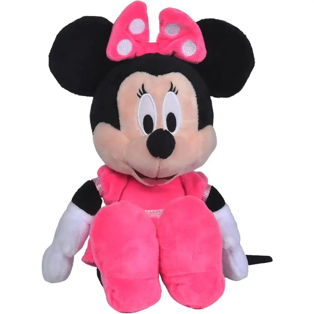 Minnie peluche 35 cm simba in morbido tessuto rosa con orecchie nere fiocco rosa a pois e vestito con dettagli glitterati