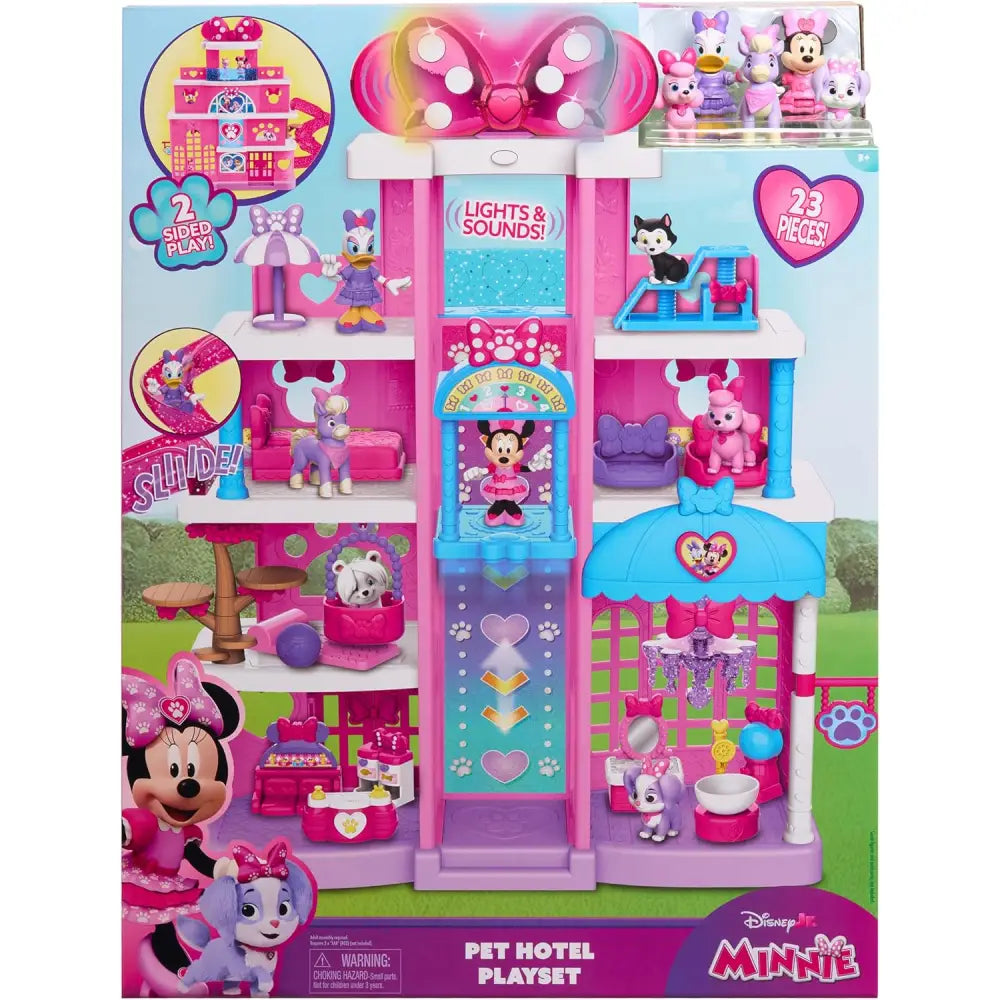 Minnie pet hotel disney playset rosa e blu con luci, suoni e scivolo per giochi animali minnie pet