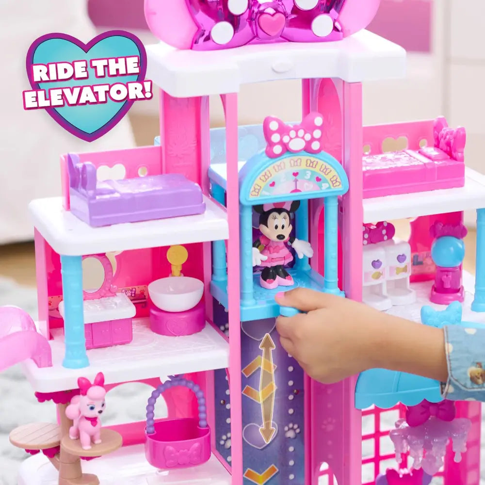Playset minnie pet hotel disney in plastica rosa e viola con ascensore centrale, fiocchi decorativi e mobilia in miniatura