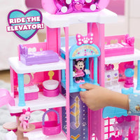 Playset minnie pet hotel disney in plastica rosa e viola con ascensore centrale, fiocchi decorativi e mobilia in miniatura