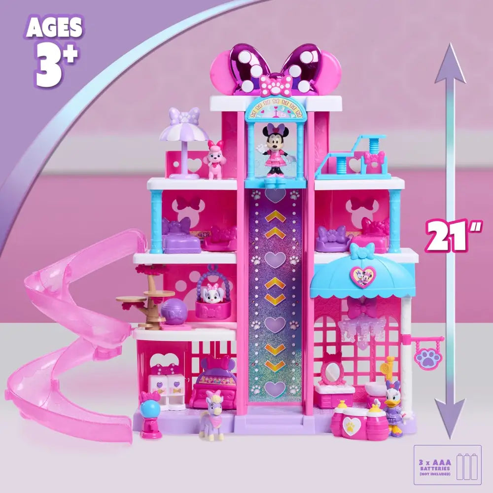 Playset minnie pet hotel disney rosa e viola con scala glitterata, stanze colorate, scivolo e miniature pet hotel disney