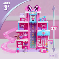 Playset minnie pet hotel disney rosa e viola con scala glitterata, stanze colorate, scivolo e miniature pet hotel disney
