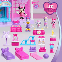 Giocattolo minnie pet hotel disney in plastica rosa e viola con mobili e personaggi per gioco di ruolo