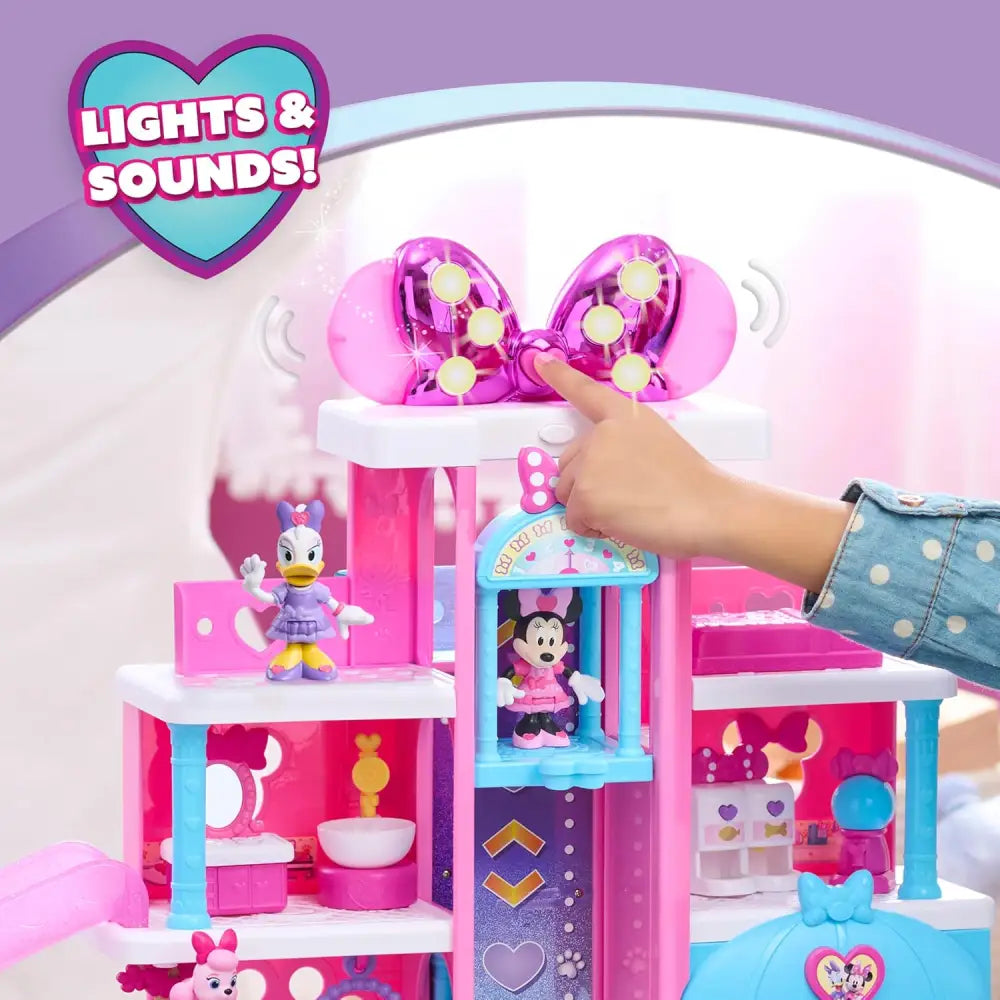 Playset minnie pet hotel disney con fiocco luccicante glitterato rosa e blu per gioco e collezione