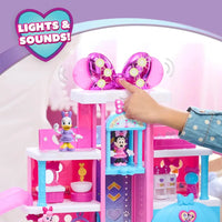Playset minnie pet hotel disney con fiocco luccicante glitterato rosa e blu per gioco e collezione