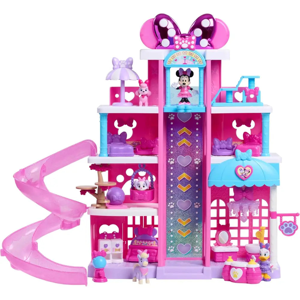 Minnie pet hotel disney playset rosa e viola con scivolo glitterato e mobili in miniatura a tema minnie pet
